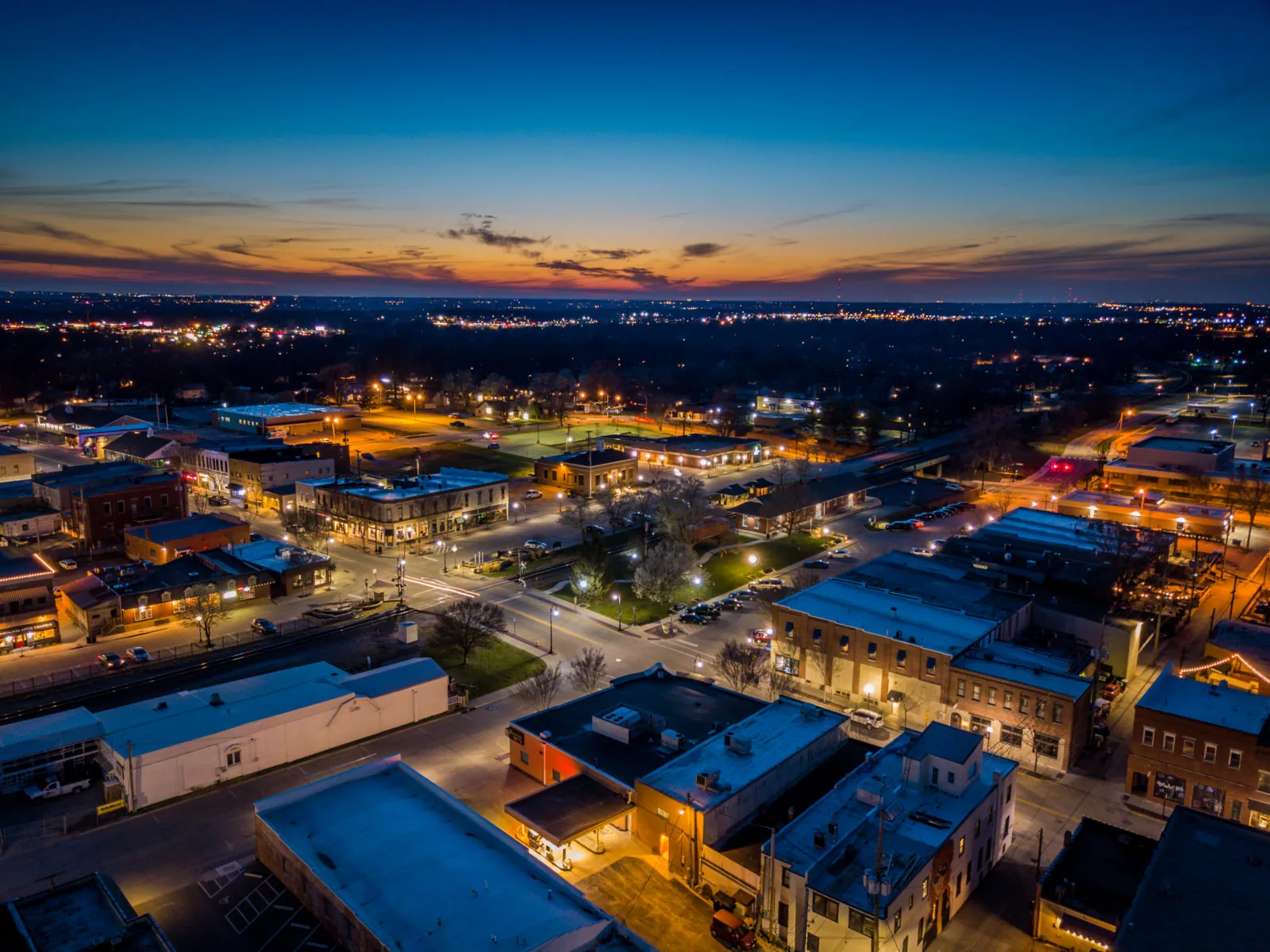 Aerial view of Lee's Summit, Missouri at dusk